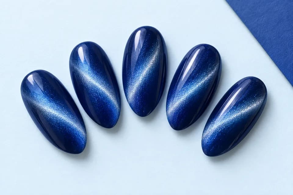 Échantillons de nail art illustratifs — Cat-eye + chrome, en double couche